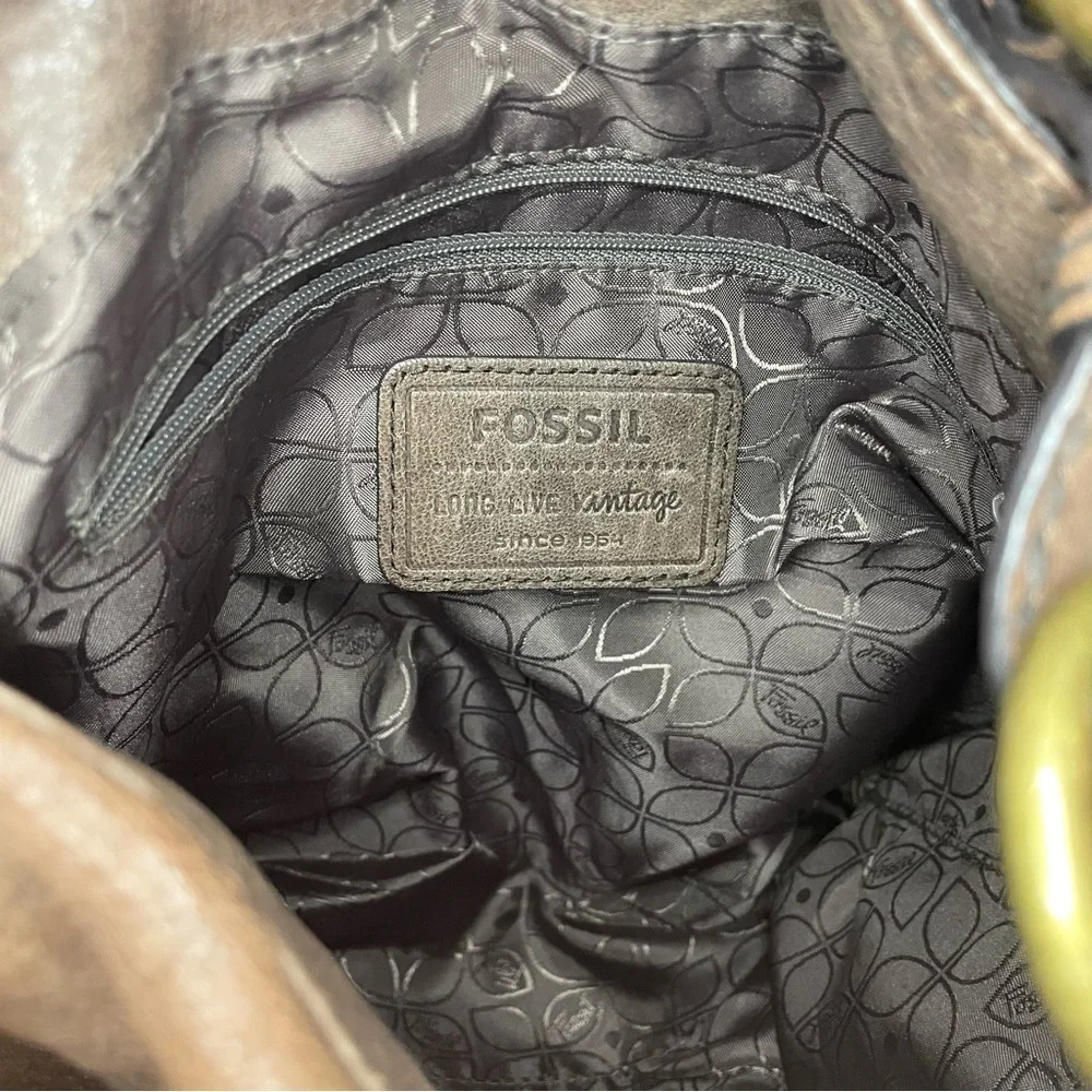 Fossil Long Live Vintage Brown Leather Brass
Studded Shoulder Hobo Bag Purse - Picture 16 of 17